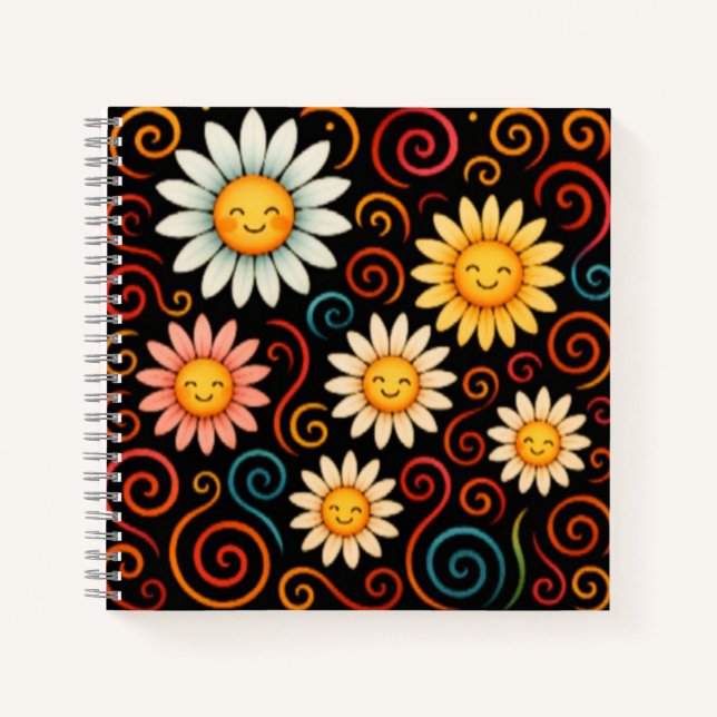 Smiling Daisies and Swirls Deluxe Spiral Notebook (Front)