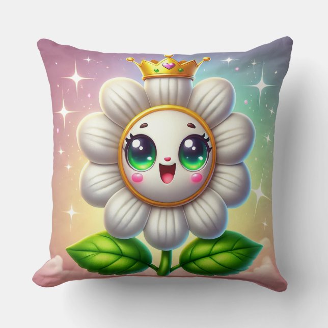 Smiling Daisy Flower With Crown Details Pillow ✨ (Front)