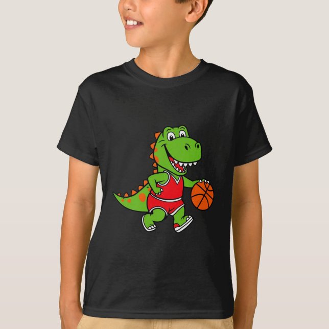 Smiling Dinosaur Playing Basketball Fun T-Shirt (Front)