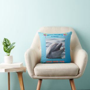 Smiling Dolphin Birthday Throw Pillow
