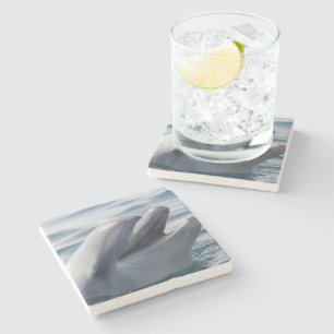 Smiling Dolphin Close‑Up Over Sunlit Blue Water Stone Coaster