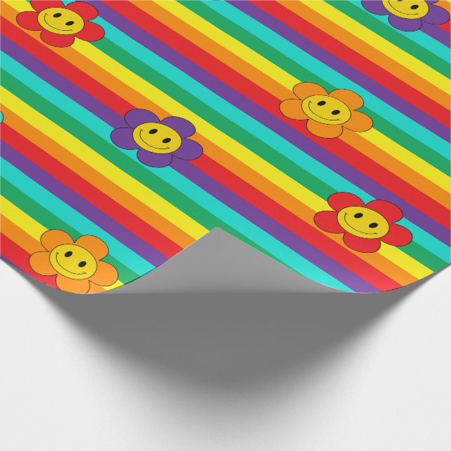 Smiling Emoji Daisies on Rainbow Stripes Wrapping Paper (Corner)