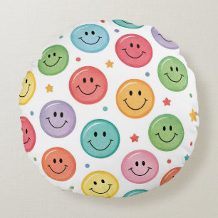Smiling Emoji Pattern Round Pillow