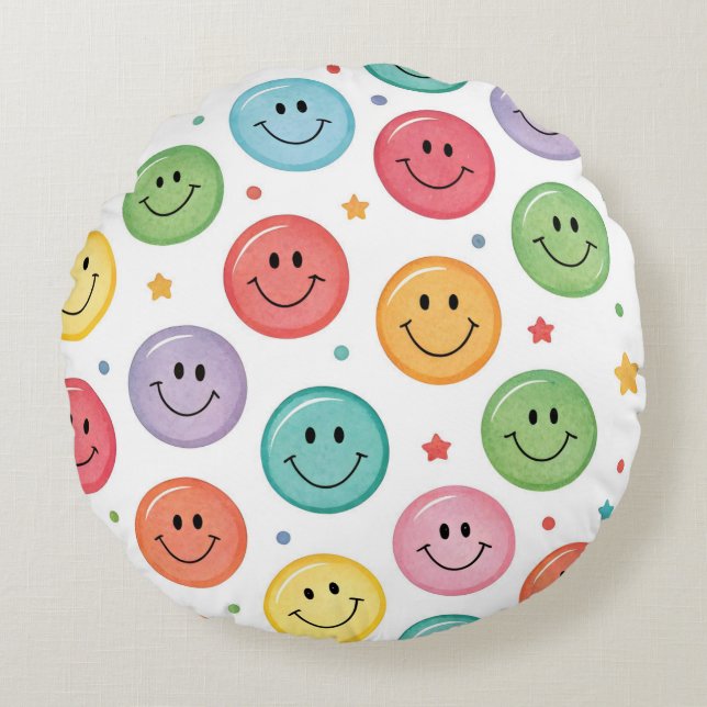 Smiling Emoji Pattern Round Pillow (Front)