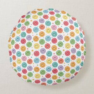 Smiling Emoji Pattern Round Pillow
