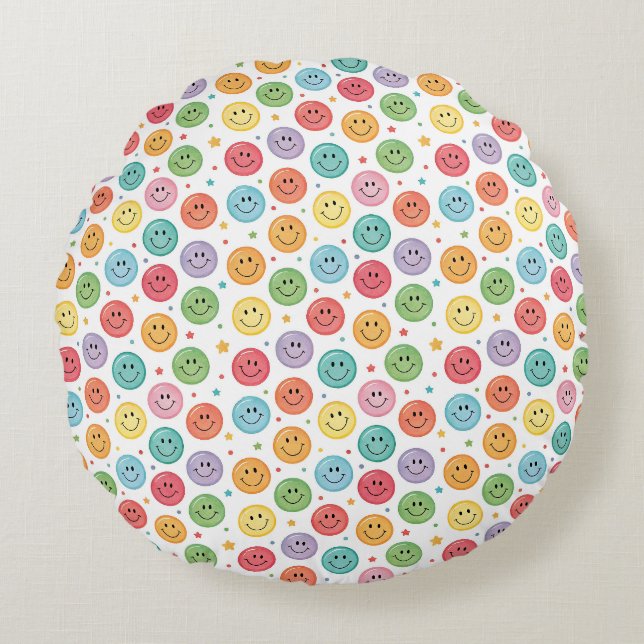 Smiling Emoji Pattern Round Pillow (Front)
