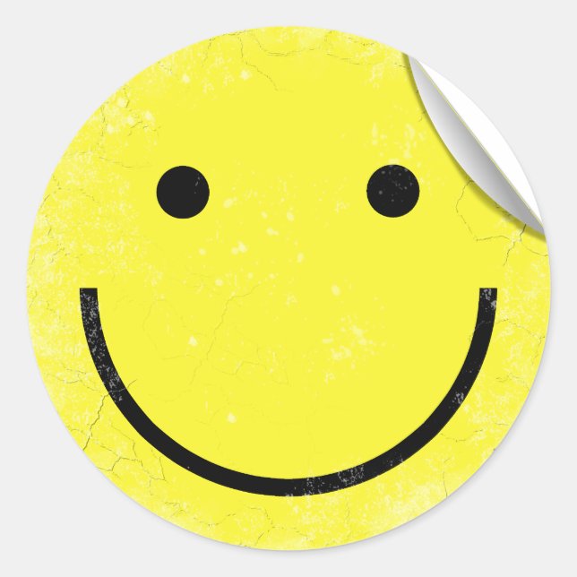 Smiling Face Distressed Retro | Fake Peeled Corner Classic Round Sticker (Front)