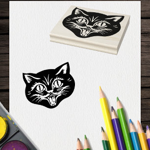 Smiling Face Head of Vintage Halloween Cat Rubber Stamp
