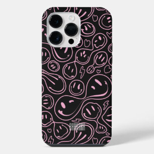 Smiling Face Pattern Groovy Happy Smile Pink Black iPhone 14 Pro Max Case