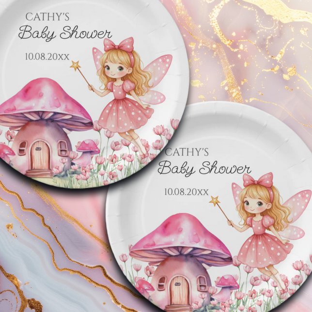 Smiling Fairy and Pink Mushrooms Baby Shower Paper Plate (Creator Uploaded)