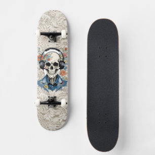 Smiling Floral Skull Listening to Headphones Lace Skateboard
