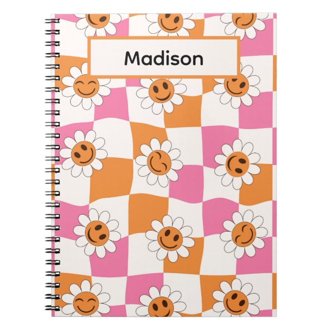 Smiling flowers on warped checkerboards custom  notebook (Front)