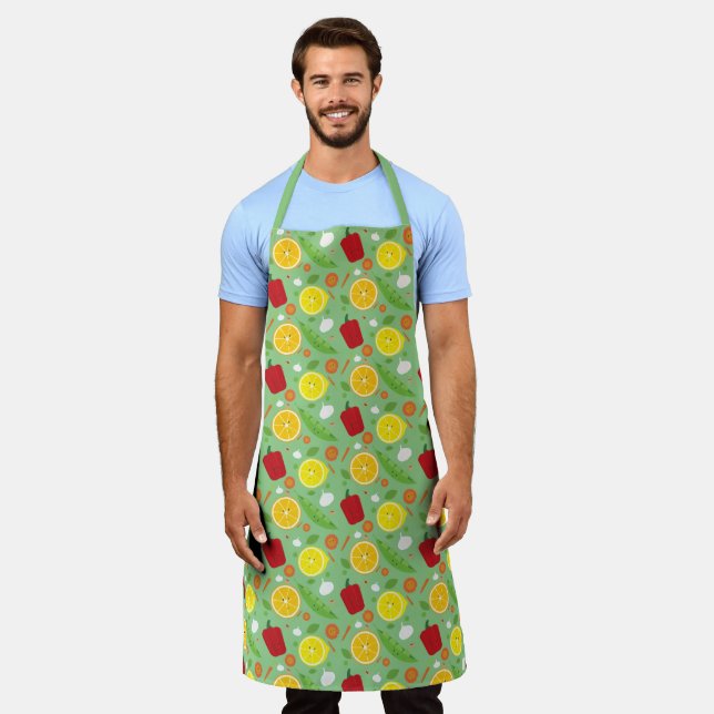 Smiling Fruit Vegetable Green Cartoon Pattern Apron (Worn)