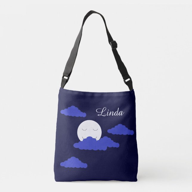 Smiling Full Moon with Clouds:  Dark Blue  Crossbody Bag (Back)