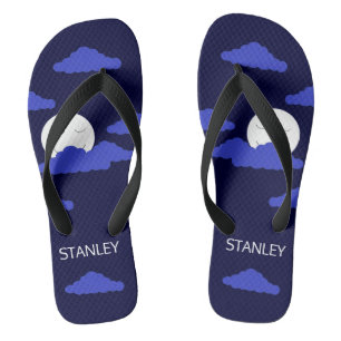 Smiling Full Moon with Clouds: Dark Blue Flip Flops