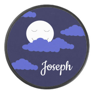 Smiling Full Moon with Clouds: Dark Blue Hockey Puck