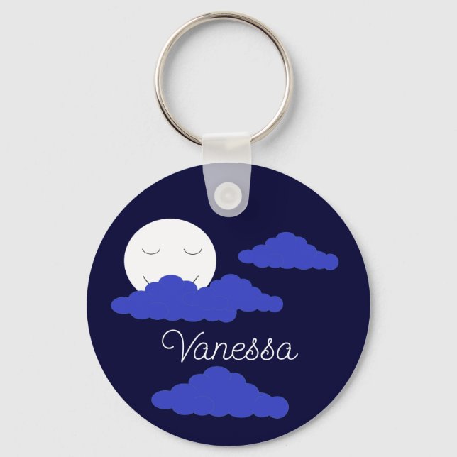 Smiling Full Moon with Clouds: Dark Blue Keychain (Back)