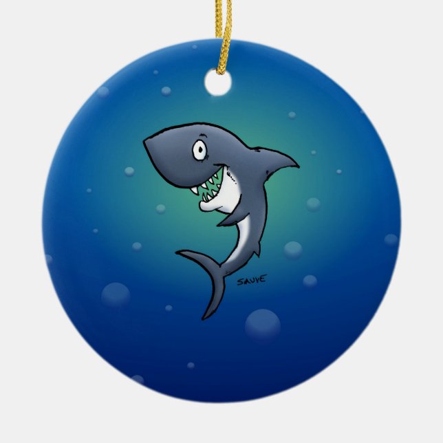 Smiling Funny Shark on Blue Background Ceramic Ornament (Front)
