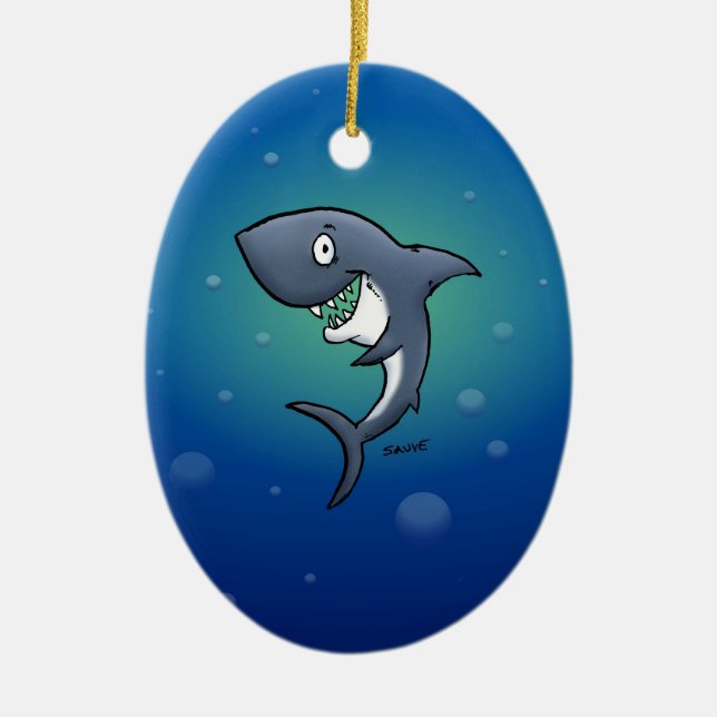 Smiling Funny Shark on Blue Background Ceramic Ornament (Front)
