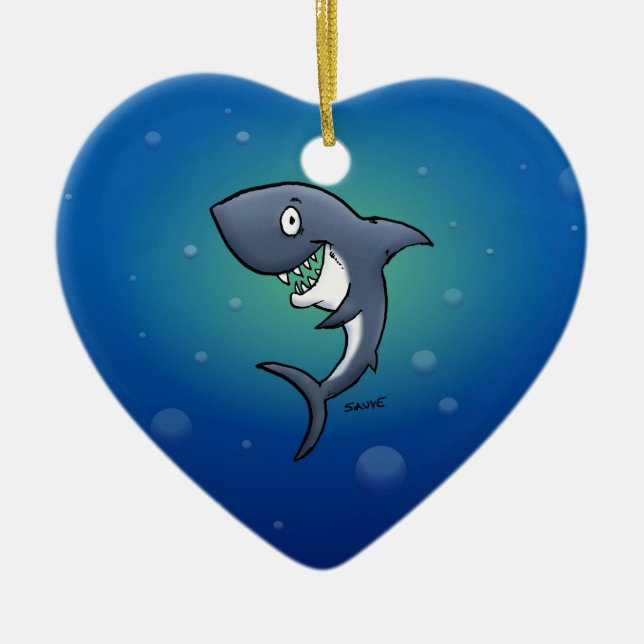 Smiling Funny Shark on Blue Background Ceramic Ornament (Front)