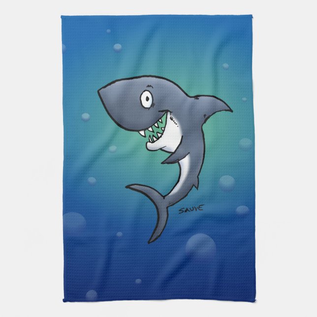 Smiling Funny Shark on Blue Background Kitchen Towel (Vertical)