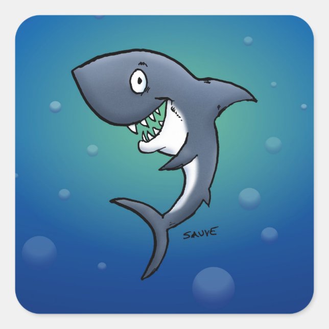 Smiling Funny Shark on Blue Background Square Sticker (Front)