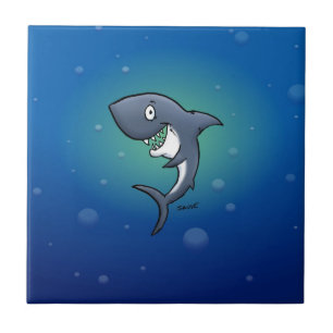 Smiling Funny Shark on Blue Background Tile
