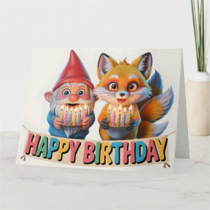 Smiling Garden Gnome and Fox Cub Birthday Card