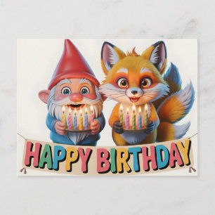 Smiling Garden Gnome and Fox Cub Birthday  Holiday Postcard