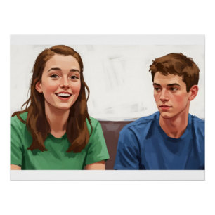 Smiling Girl and Thoughtful Boy Portrait. Poster