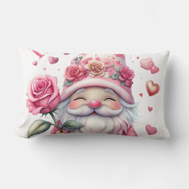Smiling Gnome Holding a Pink Rose  Lumbar Pillow (Front)