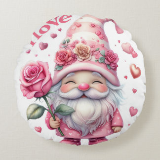 Smiling Gnome Holding a Pink Rose  Round Pillow
