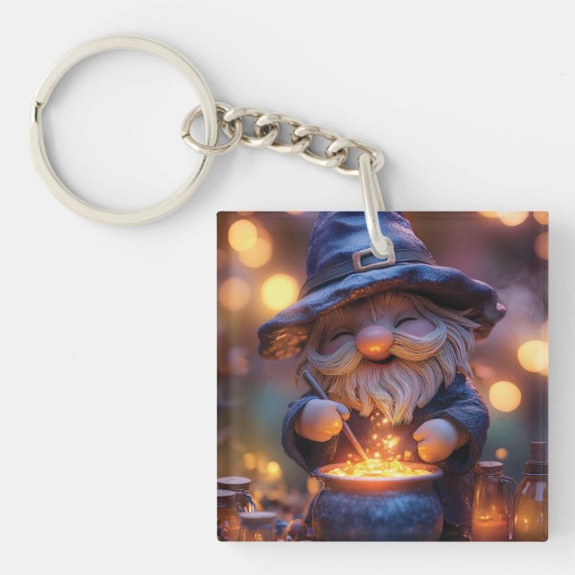 Smiling Gnome Stirring Magic Pot Keychain (Front)