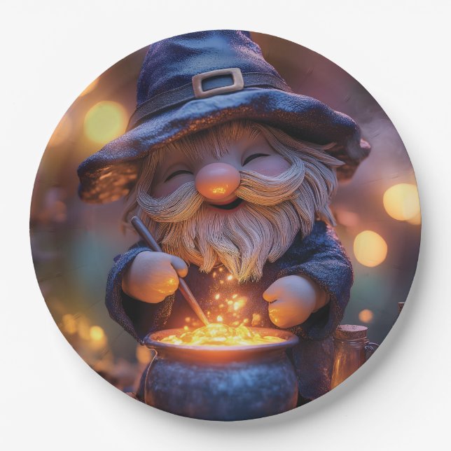 Smiling Gnome Stirring Magic Pot Paper Plate (Front)