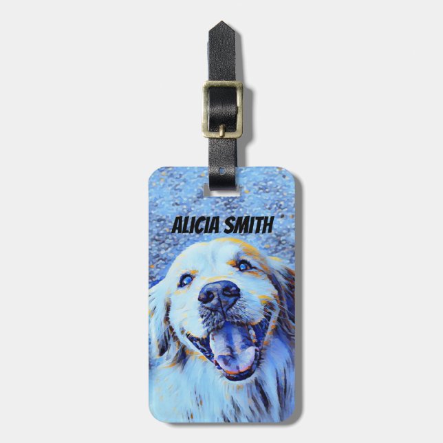 Smiling Golden Retriever Dog Blue Art Luggage Tag (Front Vertical)