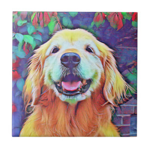 Smiling Golden Retriever Dog in Vibrant Colours Tile