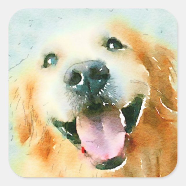 Smiling Golden Retriever in Watercolor Square Sticker (Front)