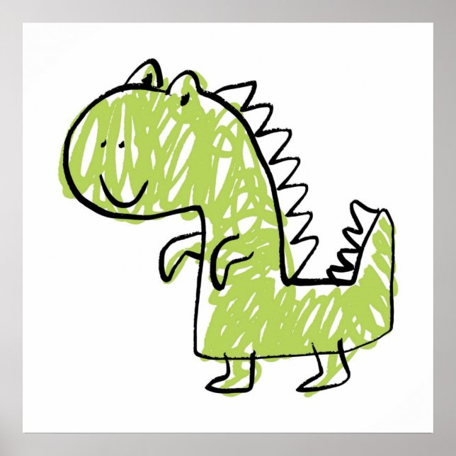 Smiling Green Dinosaur Doodle Baby kids room draw Poster (Front)