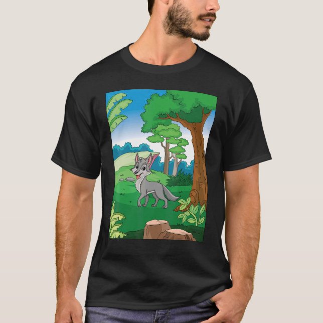 Smiling Grey Wolf Running Thru The Forest With Blu T-Shirt (Front)