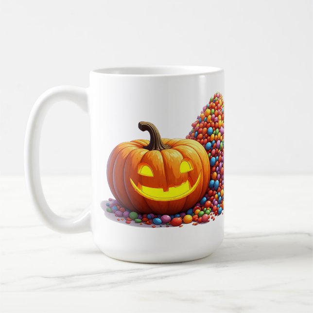 Smiling Halloween Pumpkin And Candy Collection Fun Coffee Mug (Left)