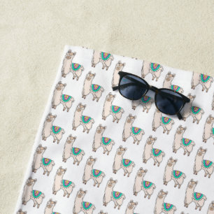 smiling happy llama alpaca cartoon animal drawing  beach towel
