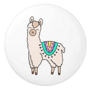 smiling happy llama alpaca cartoon animal drawing  ceramic knob