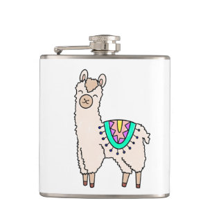 smiling happy llama alpaca cartoon animal drawing  hip flask