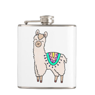 smiling happy llama alpaca cartoon animal drawing hip flask