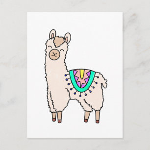 smiling happy llama alpaca cartoon animal drawing  postcard