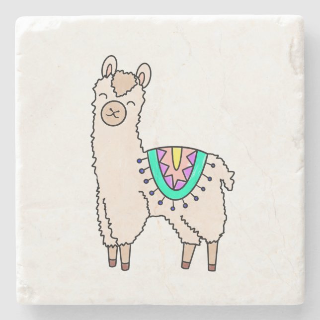 smiling happy llama alpaca cartoon animal drawing  stone coaster (Front)