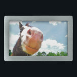 Smiling Horse Rectangular Belt Buckle<br><div class="desc">Brown and white horse close up of face. Brown and white horse close up of face Brown horse with fall trees Photo by Sandy Closs "gifts for horse lovers ", "i love horses", "horse gift", "brown horse", horse, horses, "horse gifts", "farm animals" ,  pony ,  ponies, "horse lover""horse lovers"</div>