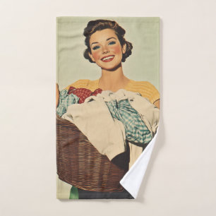 Smiling Housewife with Laundry Basket Bath Towel Set