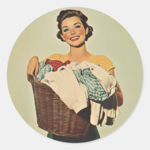 Smiling Housewife with Laundry Basket Classic Round Sticker