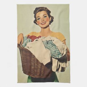 Smiling Housewife with Laundry Basket Kitchen Towel
